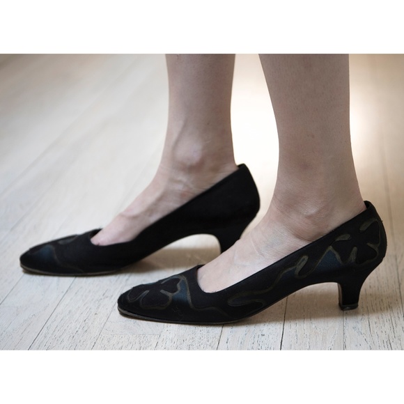 Fendi Shoes - Black Silk and Suede - Gold Accent Kitten Heels
